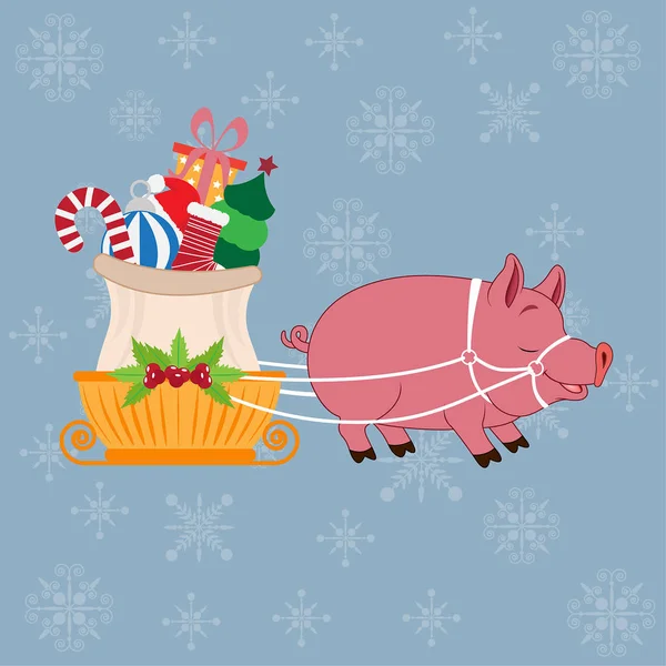 Ein Schwein Trägt Schlitten Mit Weihnachtsgeschenken — Stockvektor