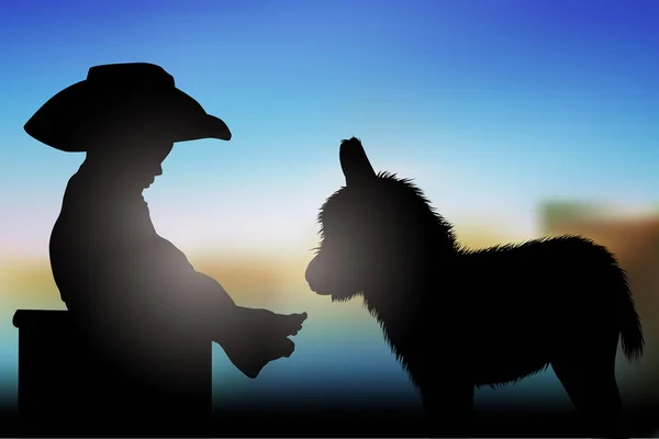 Çocuk bir eşek başucundaki önünde oturur