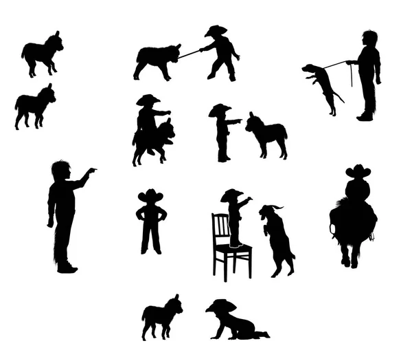 Silhouettes Petit Garçon Dans Chapeau Cow Boy Les Animaux Domestiques — Image vectorielle