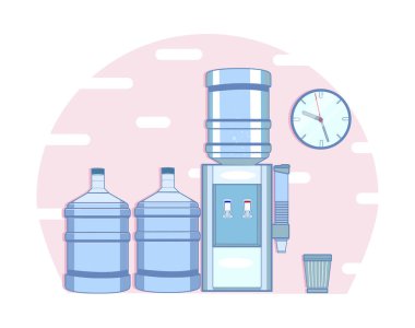 Ofis soğutucusu, su şişesi, saat ve kova.