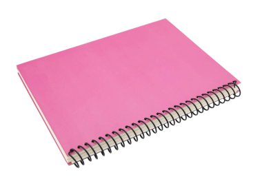 Pembe spiral defter beyaz arkaplanda izole edilmiş.