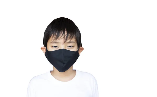 Ásia Menino Com Preto Máscara Isolado Branco Fundo — Fotografia de Stock