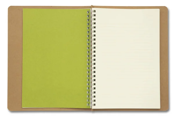 Notebook Espiral Marrom Aberto Página Verde Isolado Fundo Branco Imagens Royalty-Free