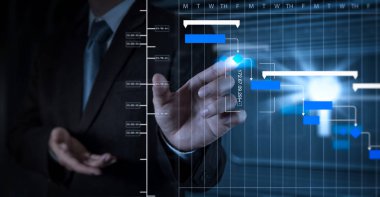 Proje Yöneticisi çalışma ve güncelleştirme görevleri kilometre taşları ilerleme planlama ve Gantt Grafiği diagram.businessman el ile değmek perde eylem çalışma zamanlama