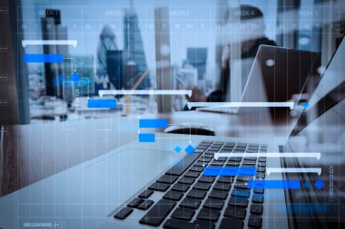 Kilometre taşları ilerleme planlama ve Gantt Grafiği diagram.designer planlama ile proje yöneticisi çalışma ve güncelleştirme görevlerini el çalışma ve akıllı telefon ve ahşap masa ofis dizüstü.