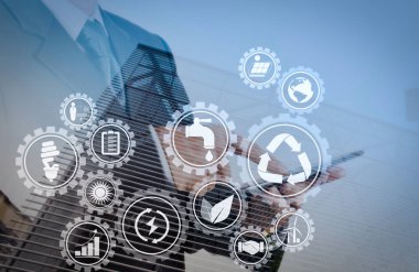 Çevre koruma içinde bağlı gears ile yenilenebilir enerji ve doğal kaynakların korunması, sürdürülebilir kalkınma ile kutsal kişilerin resmi. Soyut yapı ile başarı işadamı çift pozlama.