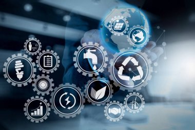 Simgeleri ile sürdürülebilir kalkınma çevre koruma ile yeni modern bilgisayar çalışma bağlı gears.businessman içinde yenilenebilir enerji ve doğal kaynakların korunması.