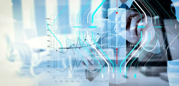 Business Data Analytics Process Management Diagram Double Exposure Businessman Hand — Stock Photo, Image