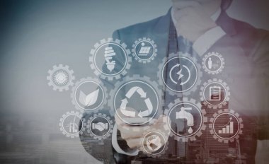 Çevre koruma içinde bağlı gears ile yenilenebilir enerji ve doğal kaynakların korunması, sürdürülebilir kalkınma ile kutsal kişilerin resmi. Soyut yapı ile başarı işadamı çift pozlama.