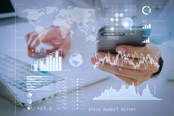 Investerare Analysera Aktiemarknaden Rapport Och Finansiella Dashboard Med Business Intelligence — Stockfoto