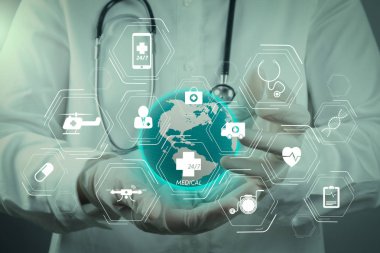 Genel tıp Hizmetleri (Gms) ve genel Practitioners(Gps or family doctors) diagram.smart Doktor showinng 3d dünya ve modern hastanede sanal ekran.