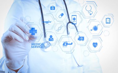 Genel tıp Hizmetleri (Gms) ve genel Practitioners(Gps or family doctors) diagram.smart Doktor modern hastanede sanal ekran ile çalışma.