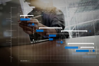 Proje Yöneticisi çalışma ve güncelleştirme görevleri kilometre taşları ilerleme planlama ve Gantt grafiği diagram.business an dizüstü bilgisayar ve grafik iş diyagram ve çalışan adam ile zamanlama.