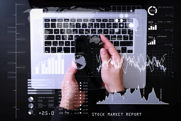 Anleger Analysieren Börsenbericht Und Finanzinstrumentarium Mit Business Intelligence Mit Schlüsselindikatoren — Stockfoto