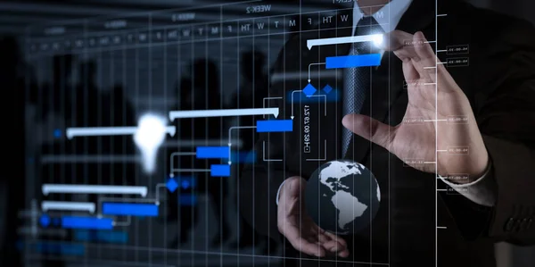 Gerente Proyecto Que Trabaja Actualiza Tareas Con Planificación Del Progreso — Foto de Stock