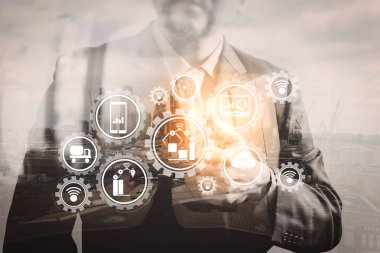 Akıllı fabrika ve sanayi 4.0 ve Internet şey (çok) veri alış verişi üretim robotlar technology.success işadamı holding dijital tablet bilgisayar bulut ile bağlı