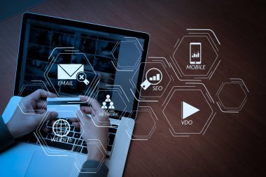 Dijital medya pazarlama (Web sitesi reklam, e-posta, sosyal ağ, Seo, video, mobil app) laptop ve holding kredi kartı sosyal medya diyagram ile Online alışveriş kavram olarak kullanarak sanal screen.hands içinde