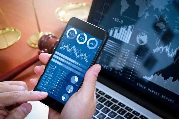 Yatırımcı borsa raporu ve finansal gösterge tablosu ile iş zekası (BI), anahtar performans göstergeleri (KPI) ile analiz. Akıllı telefon ve bilgisayar dizüstü kullanarak avukat.