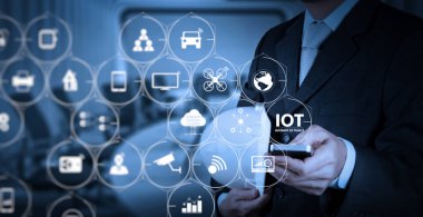 Ar (Augmented Reality) Internet of Things (çok) teknolojisiyle Vr kontrol panelinde. işadamı elini kavram olarak e-posta simgesi ile akıllı telefon bilgisayar kullanma