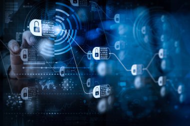 Blockchain teknoloji kavramı ile zincir ve şifreli blok diyagramı. işadamı el modern teknoloji ve iş stratejisi kavramı olarak dijital katman etkisi ile çalışma