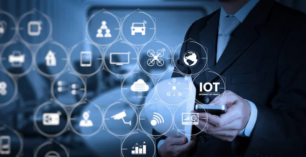 Internet Things Iot Technology Augmented Reality Dashboard Businessman Hand Use — Stock Photo, Image