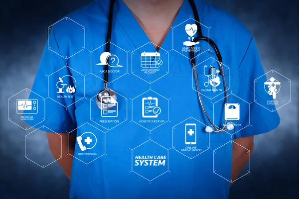 Hälso Och Sjukvårdssystemet Diagrammet Med Hälsokontrollen Och Symptom Dashboard Smart — Stockfoto