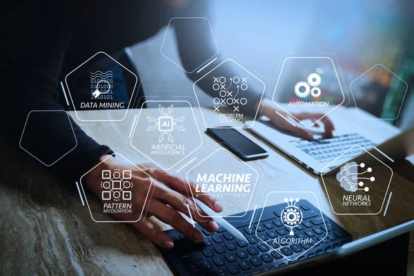 Gépi Tanulás Technológia Diagram Mesterséges Intelligencia Neurális Hálózat Automatizálás Adat — Stock Fotó