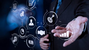 İş süreci yönetimi iş akışı Otomasyonu diyagram ve sanal flowchart.businessman başarı çalışma bilgisayar vites ile değmek perde takımı ile kavram olarak 