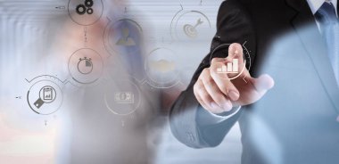 İş süreci yönetimi iş akışı Otomasyonu diyagram ve sanal flowchart.businessman başarı çalışma bilgisayar vites ile değmek perde takımı ile kavram olarak 