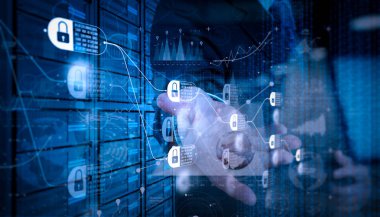 Blockchain teknoloji kavramı ile zincir ve şifreli blok diyagramı. işadamı el modern teknoloji ve iş stratejisi kavramı olarak dijital katman etkisi ile çalışma