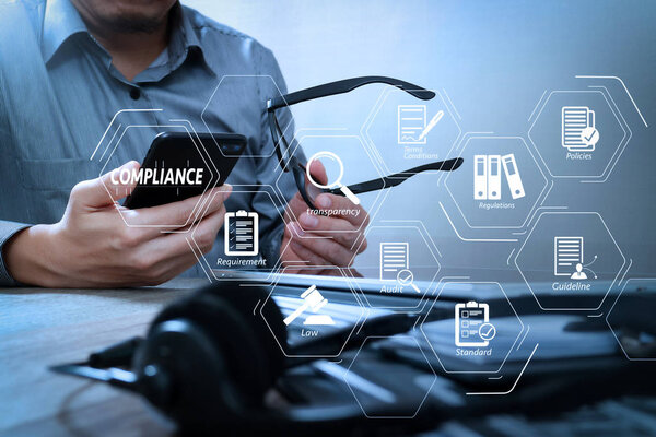 Compliance Virtual Diagram for regulations, law, standards, requirements and audit.man with eyeglasses hand using VOIP headset with digital tablet computer docking keyboard,smart phone,concept communication, it support, call center and customer servi