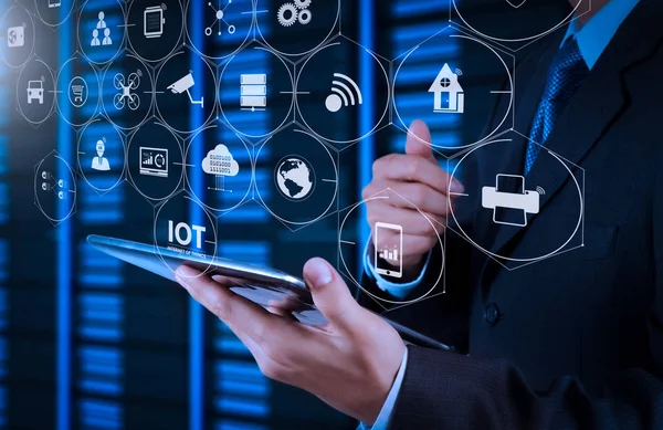 Internet Things Iot Technology Augmented Reality Dashboard Businessman Hand Using — Stock Photo, Image