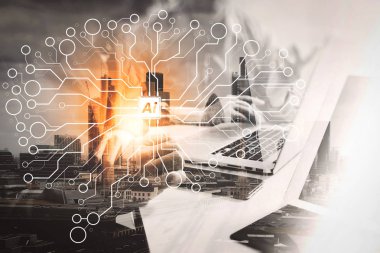 Yapay zeka (AI), öğrenme sanal dachboard veri madenciliği teknolojisi ile makine. Başarı işadamı office dijital tablet dizüstü bilgisayar ile Londra bina ile çalışan çift pozlama.