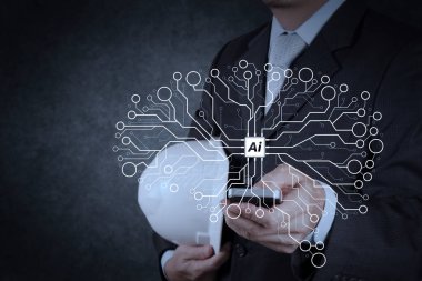 Yapay zeka (AI), makine öğrenme sanal dachboard.businessman yandan veri madenciliği teknolojisi ile akıllı telefon bilgisayar doku arka plan üzerinde kullanın