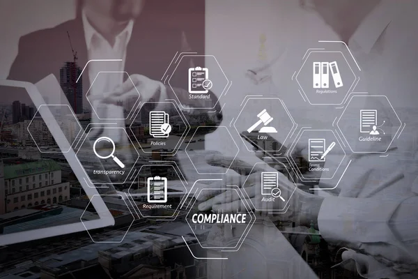 Överensstämmelse Virtuella Diagram För Förordningar Lagstiftning Standarder Krav Och Audit — Stockfoto