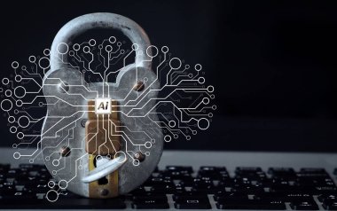 Yapay zeka (AI), öğrenme sanal dachboard veri madenciliği teknolojisi ile makine. Internet güvenlik kavramı-eski asma kilit ve anahtar üstünde laptop bilgisayar klavye