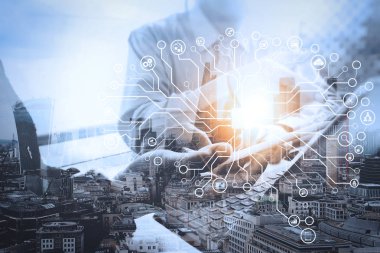 Yapay zeka (AI), öğrenme sanal dachboard veri madenciliği teknolojisi ile makine. Çift Kişilik iş pozlama takım toplantı present.investor yeni başlangıç projesi binaları ile çalışma.