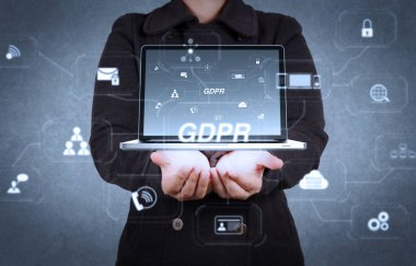 Gdpr. veri koruma yönetmeliği ile siber güvenlik ve gizlilik sanal diagram.designer gösteri bulut ağ işaret kavram olarak