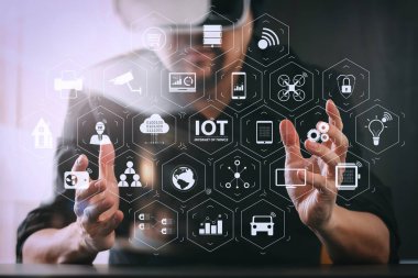 Ar (Augmented Reality) Internet of Things (çok) teknolojisiyle Vr kontrol panelinde. sanal gerçeklik giyen işadamı Vr mezartaşı ile istimal hareket eden telefon ile modern Office koruyucu gözlük 