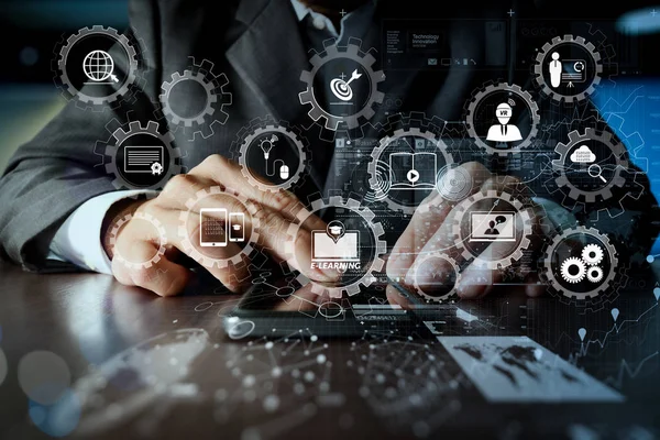 Learning Kapcsolódó Felszerelés Elábé Csatlakoztatott Diagramot Virtuális Dashboard Üzletember Kézzel — Stock Fotó