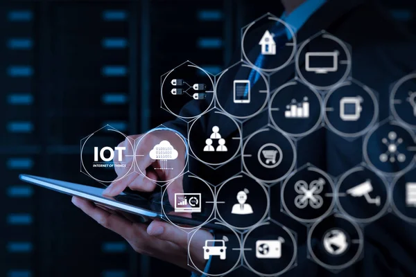 Internet Things Iot Technology Augmented Reality Dashboard Businessman Hand Using — Stock Photo, Image