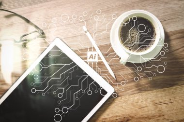 Yapay zeka (AI), öğrenme sanal dachboard veri madenciliği teknolojisi ile makine. Kahve fincanı ve dijital tablo yerleştirme akıllı klavye, Gözlük, stylus kalem ahşap tablo, filtre efekti