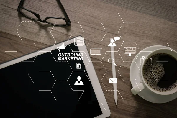 Outbound Marketing Business Virtual Dashboard Offline Interruption Marketing Coffee Cup — Fotografia de Stock