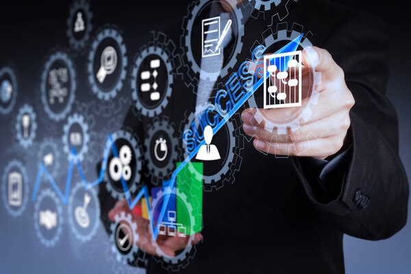 AR virtual screen dashboard with project management with icons of scheduling, budgeting, communication.businessman hand drawing a pie chart and 3d graph