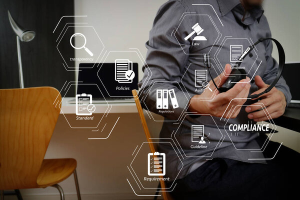 Compliance Virtual Diagram for regulations, law, standards, requirements and audit.Man using VOIP headset with digital tablet and laptop computer as concept communication,it support,call center and customer service.