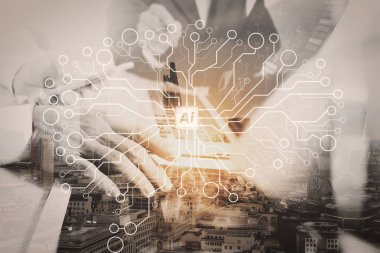 Yapay zeka (AI), öğrenme sanal dachboard veri madenciliği teknolojisi ile makine. Çift Pozlama, mevcut toplantı iş takım. Fotoğraf profesyonel yatırımcı yeni başlangıç projesi ile çalışma.