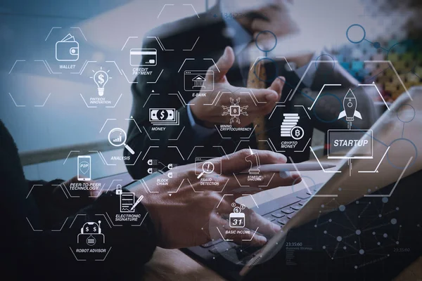 Diagrama Flujo Tecnología Financiera Criptomoneda Minería Ingresos Básicos Con Blockchain —  Fotos de Stock