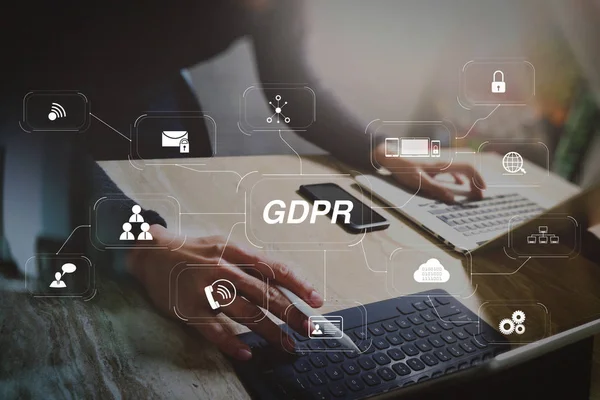 Gdpr. veri koruma yönetmeliği ile siber güvenlik ve gizlilik sanal diyagramı. Web sitesi tasarımcısı dijital tablet dock klavye ve bilgisayar dizüstü akıllı telefon ve grafik tasarım diyagramı ile çalışma.