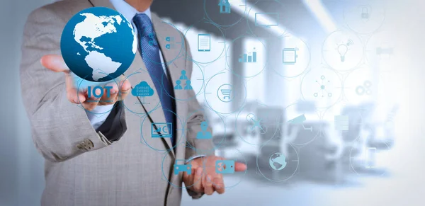 Internet Things Iot Technology Augmented Reality Dashboard Businessman Holding Glowing — Stock Photo, Image