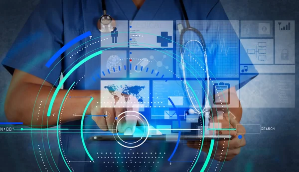 Genel tıp Hizmetleri (Gms) ve genel Practitioners(Gps or family doctors) diyagramı. Modern tablet bilgisayar ve sanal arabirim çalışma tıp Doktor